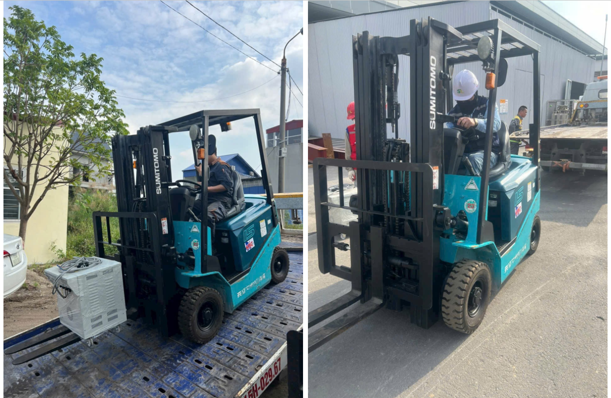 Xe nâng điện Sumitomo 1.5 tấn chui container, dịch giá tại nhà máy Thái Bình.
